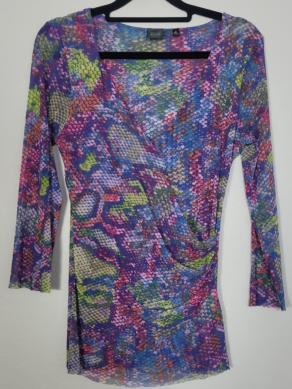 Saks Fifth Avenue Black Label Sheer Mesh Snake Print Wrap Top Size Large Artsy